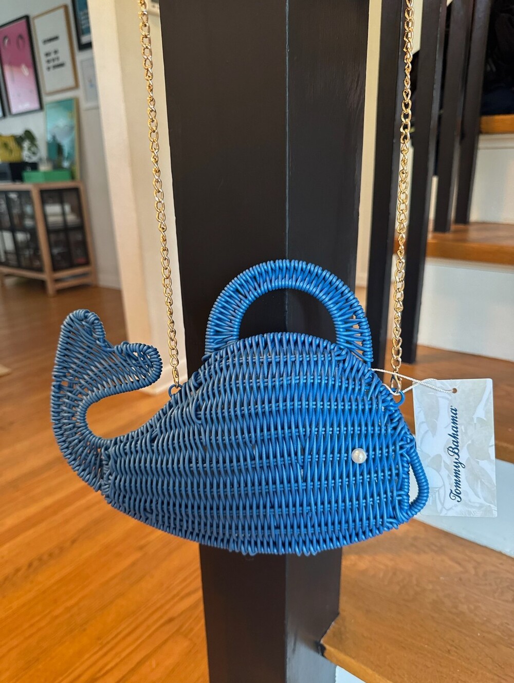 Tommy Bahama Nautical Wicker Woven Blue Whale Purse Clutch w/ Gold Strap NEW